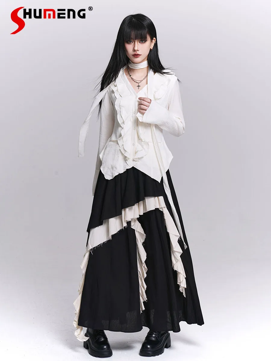 

Subculture Dark Punk Style Girl's Black Irregular Skirt Elastic High Waist A-line Ruffled Spliced Pleated Long Skirts for Women