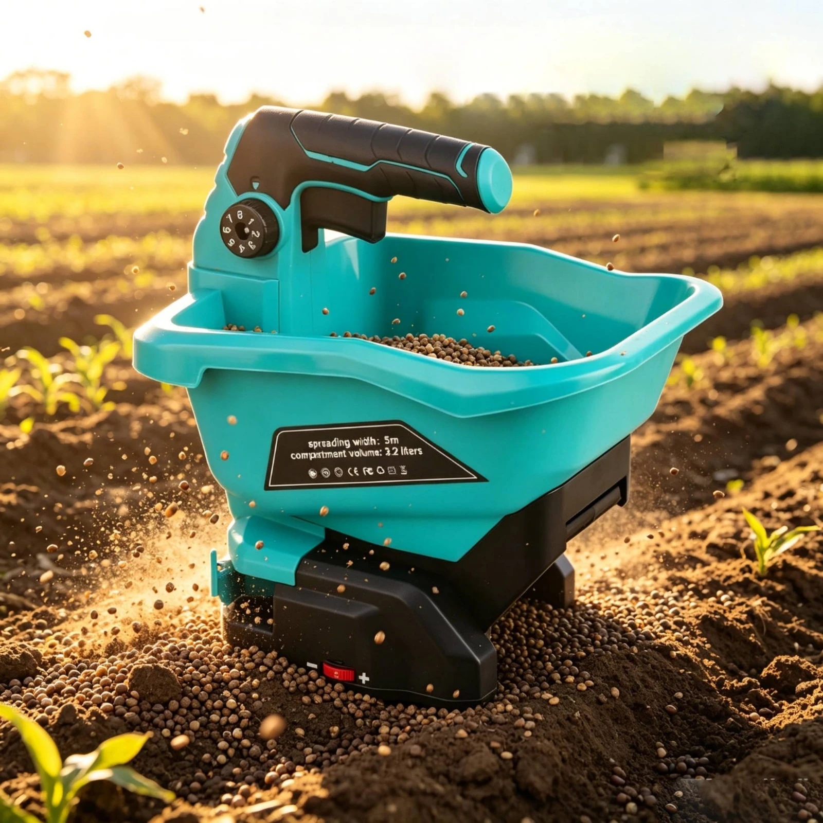 Handheld Seed Spreader 5 M Spread Width Handheld Fertilizer Spreader Yard Tool Turquoise Hopper Top Carry Grip