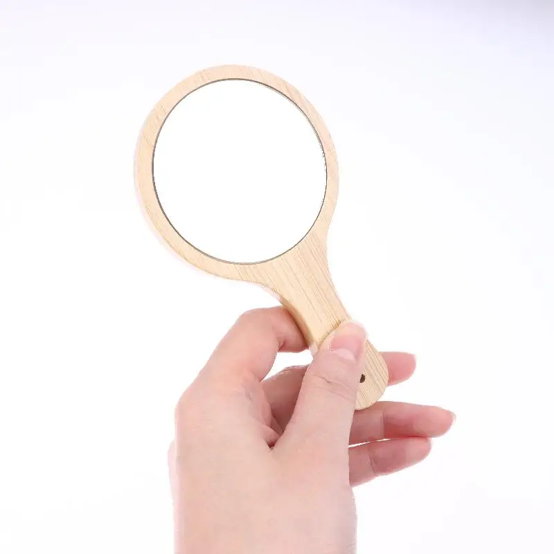 （Summer6）Portable Bamboo Makeup Mirror Handmade Handle Round Cosmetic Mirror With Handle Personal Vanity Handheld Mirror