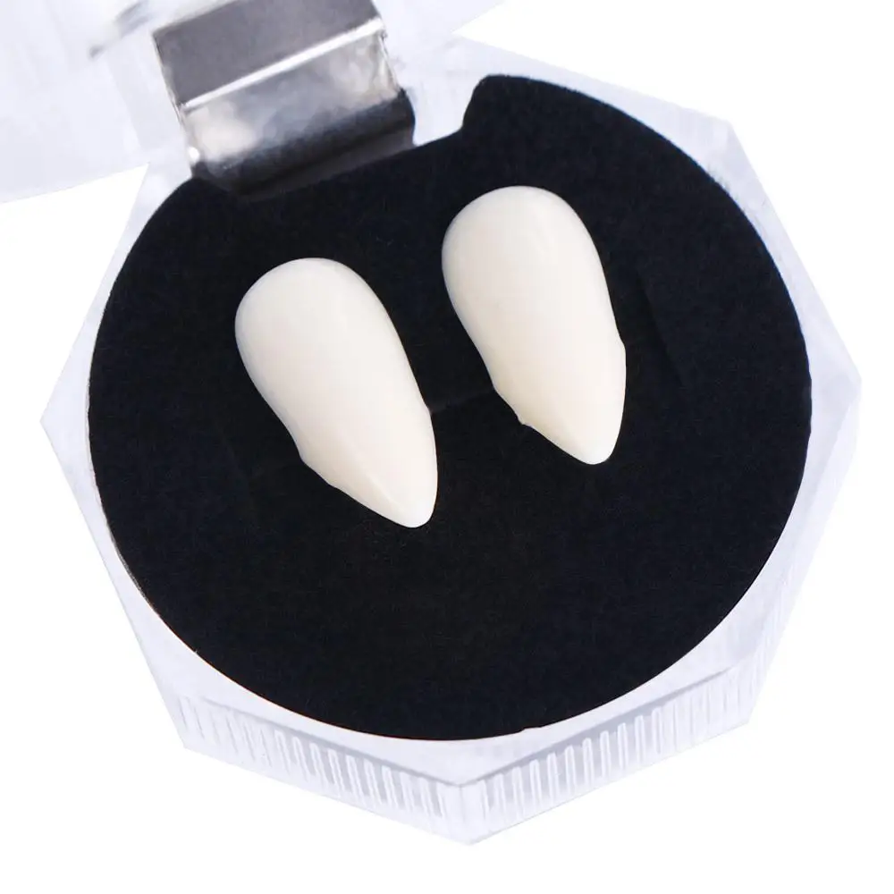 Dentaduras dentárias caninas falsas, adereços para festa de cosplay, presas do diabo, presas de resina seguras, presas de halloween, 2 peças de dentes