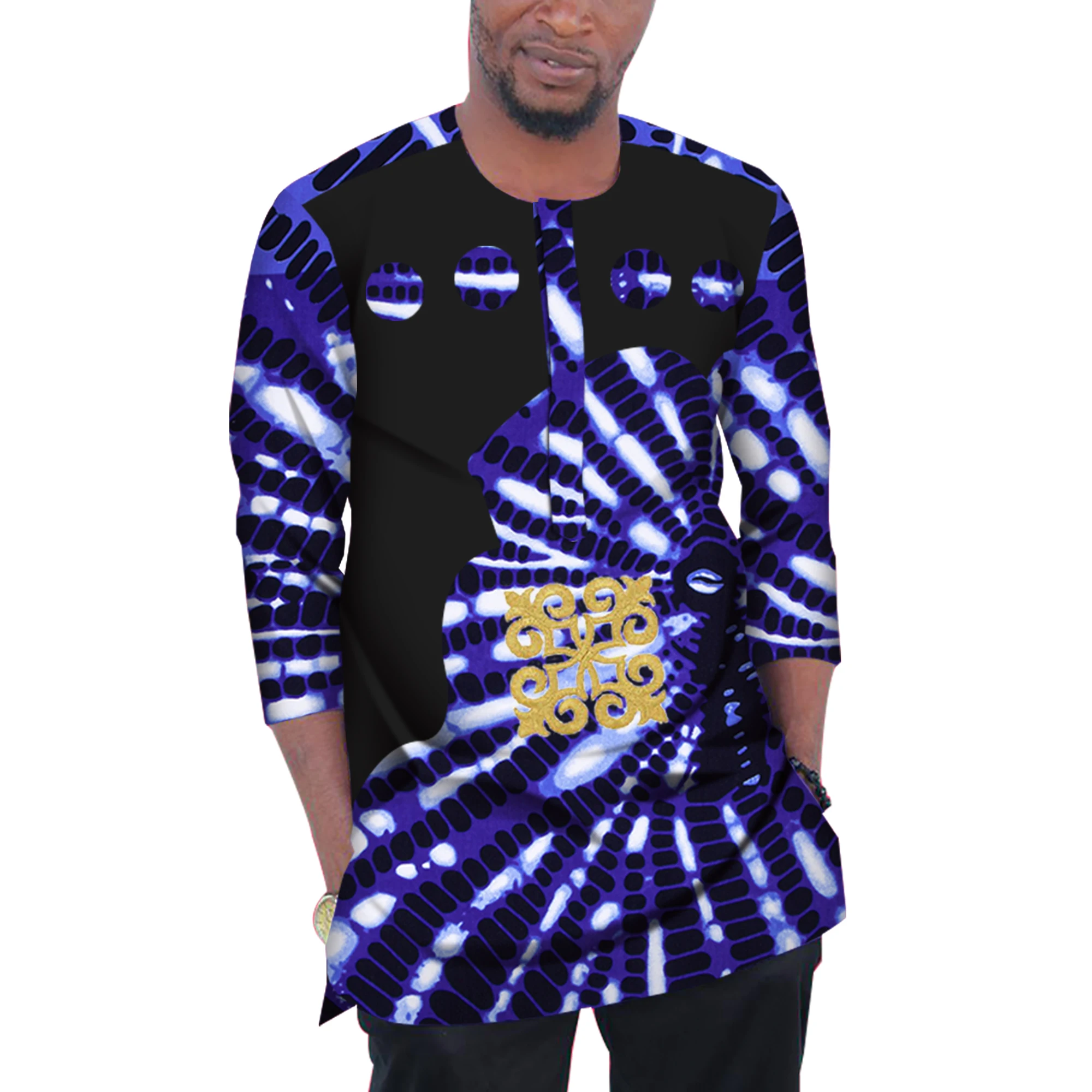 Fashion Men African Clothing Dashiki Men Top Shirt Bazin Riche African Men Clothes Cotton Print Patchwork Top Shirt WYN977