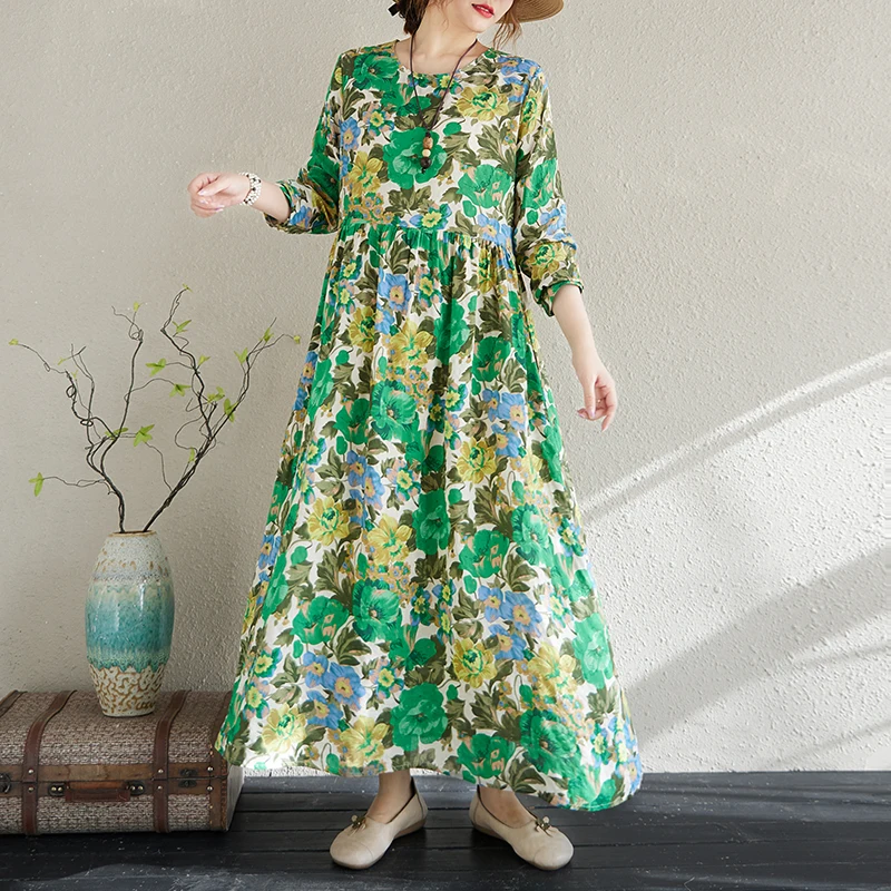 Robe longue imprimée à manches longues pour femmes, rose, coton, chanvre, col rond, style campagne, printemps, nouveau, 2025, A417