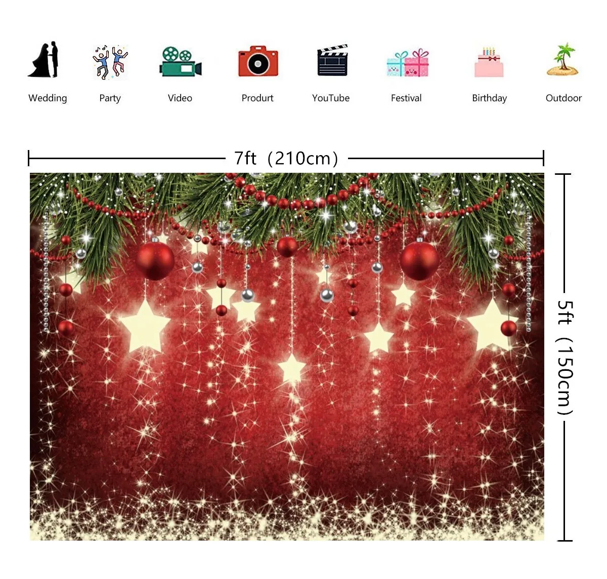 Christmas Sparkling Backdrop Xmas Tree Red Silver Xmas Balls Star Lights Photography Background for New Year Glitter Merry Xmas