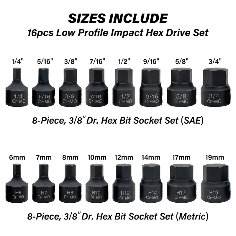 3/8 Inch Drive Low Profile Impact Hex Driver Set 16 Pcs SAE/Metric 1/4-3/4 Inch 6-19mm Cr-Mo Steel One-Piece Construction