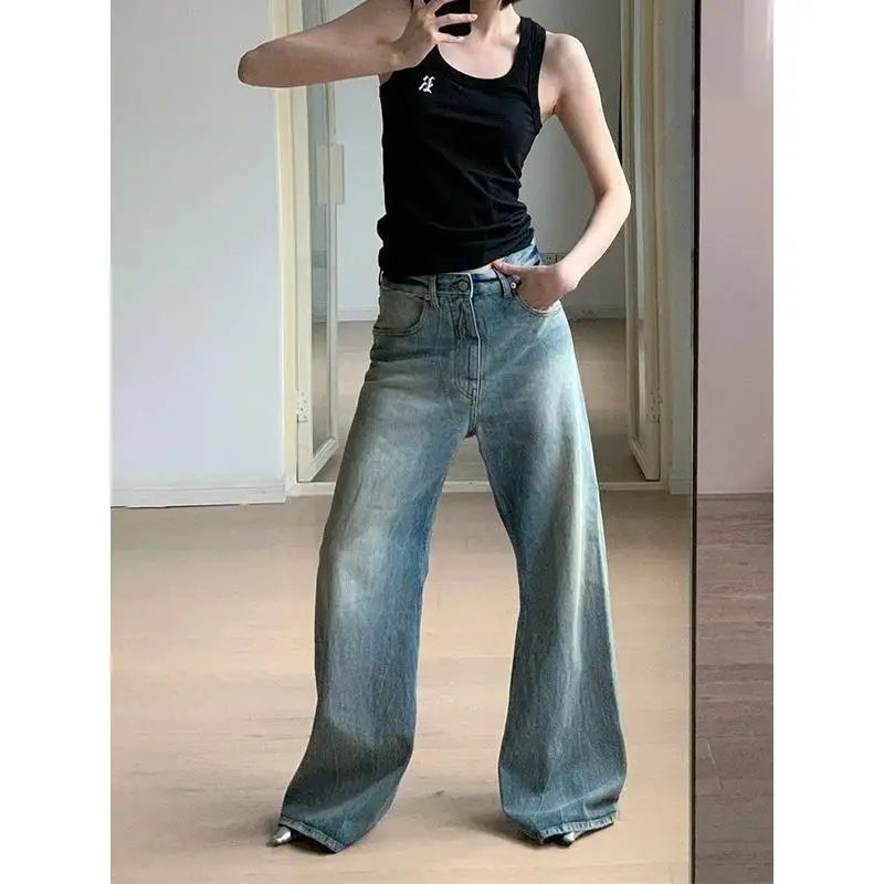 

Maxdutti French Minimalist Boyfriend Style Loose Jeans Retro Distressed Mom Jeans Denim Pants Flared Jeans Women Wide Leg Pants