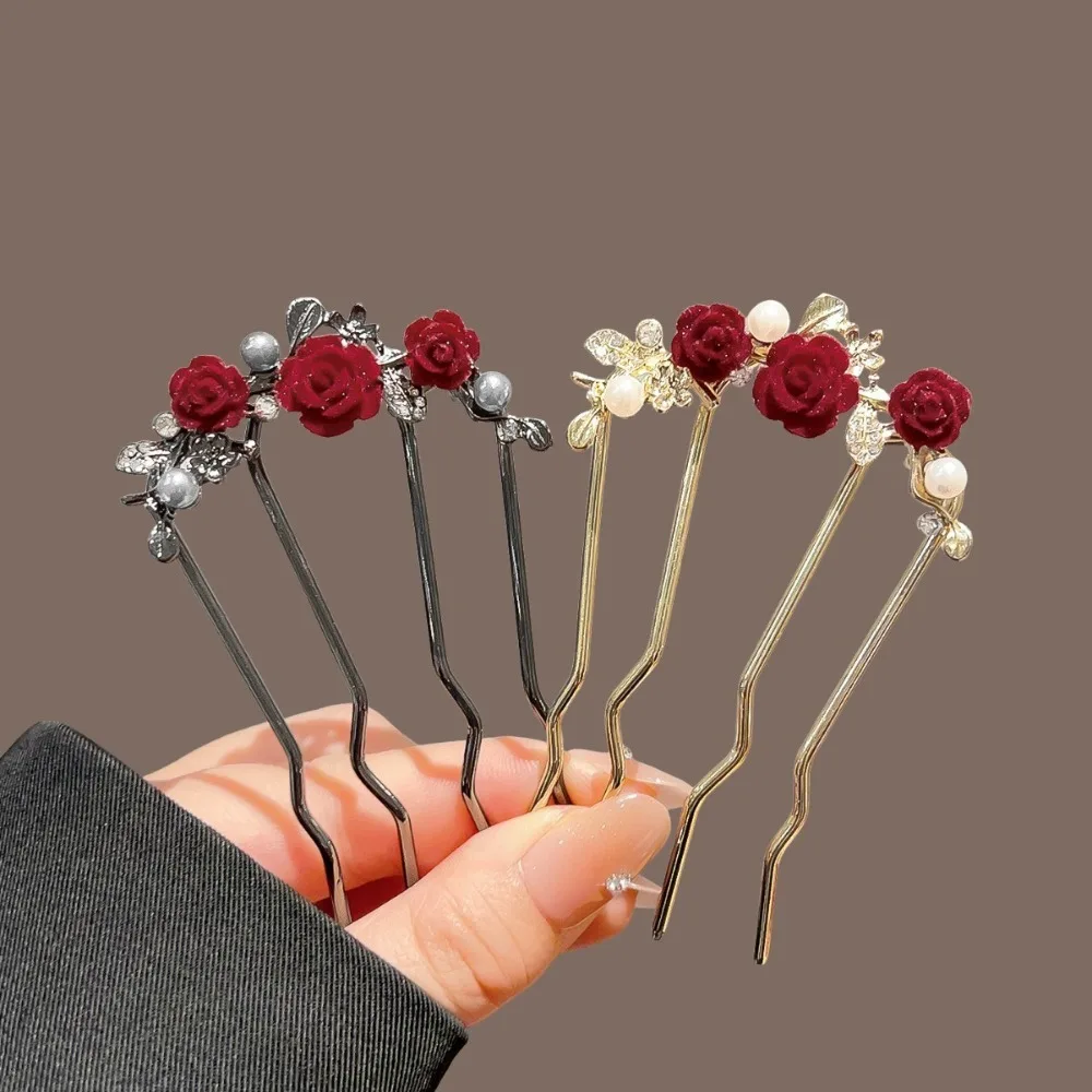 Red Rose Hair Pin Set Alloy Gold/Black Tone with Velvet Flower Pearl Detail Multi-prong Design Elegant Retro Hair Accessory