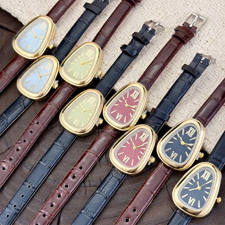 Elegant Triangle Snake-Head Women's Watch with Bamboo-Textured Adjustable Leather Strap