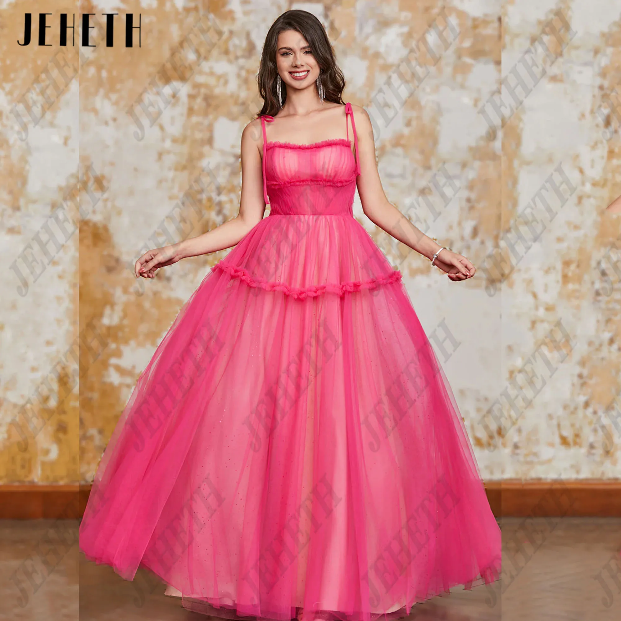 Jeheth Fee Fuschia Tüll Ballkleid Spaghetti träger A-Linie Abendkleider boden lange formelle Anlass Kleider angepasstJEHETH Fee Fuschia Tüll Ballkleid Spaghetti Träger A-Linie Abendkleider Bodenlang Formelle Anlässe Kl