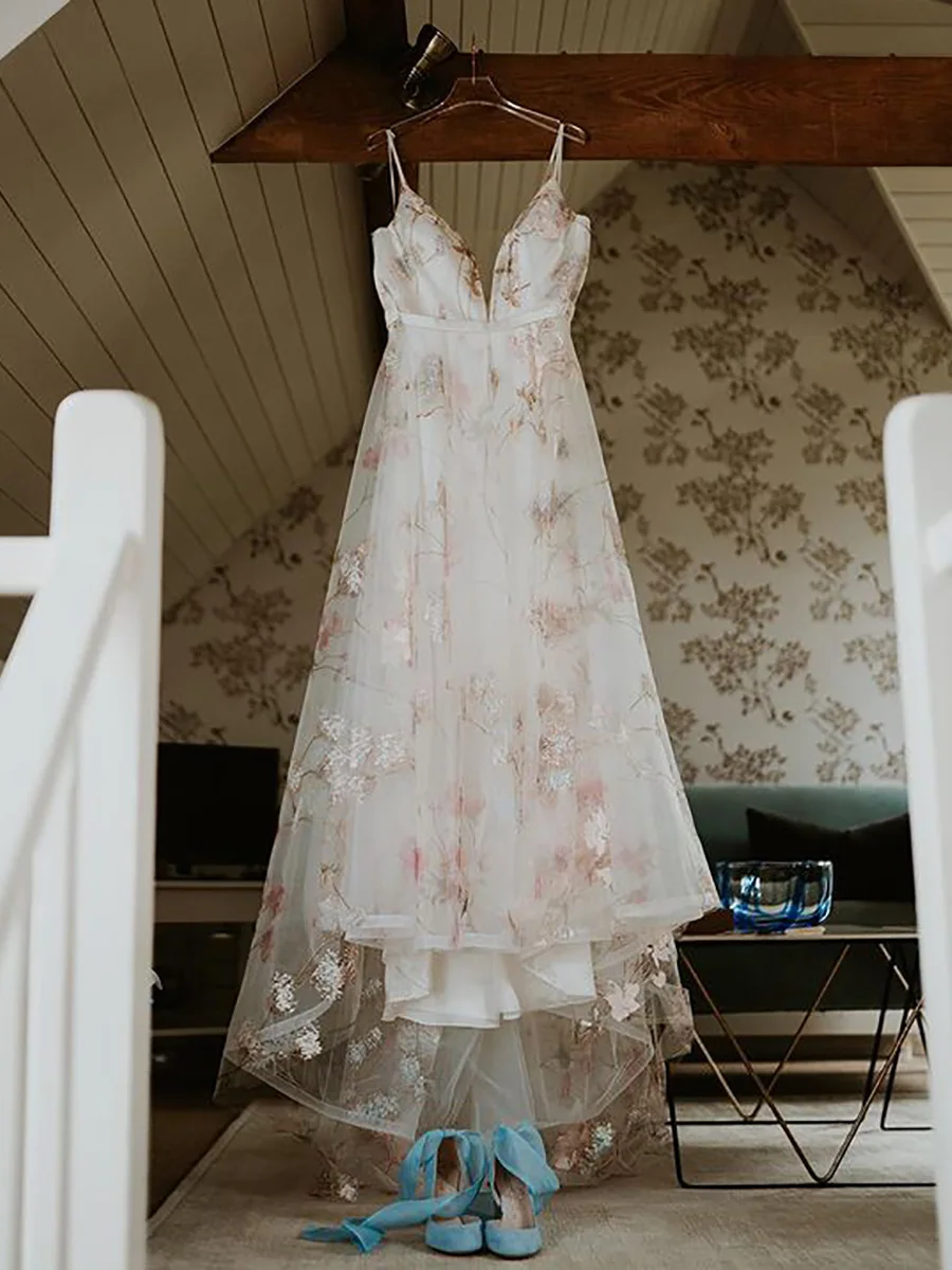 Vestidos de novia de corte en A con encaje y estampado Floral, sin mangas, estilo bohemio