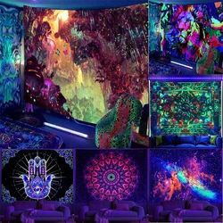 Fluorescent Tapestry Hippie Home Decor   UV Reactive Psychedelic  Wall Hanging Boho Style