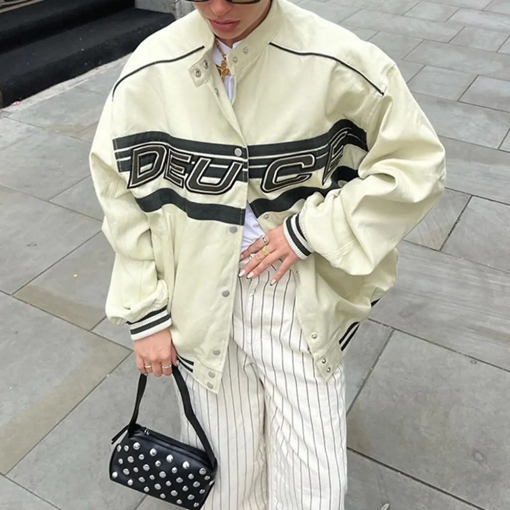 

Autumn Winter New Motorcycle Style Jacket for Women Casual Loose Long-Sleeved Embroidered Letter Distinctive Outerwear
