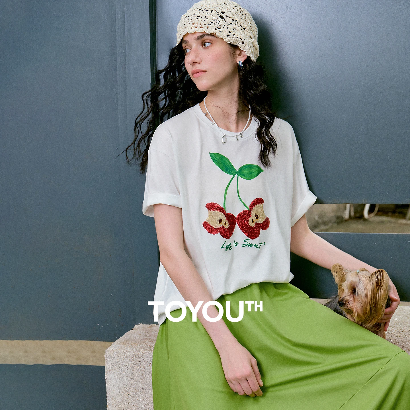 TOYOUTH Women T-shirts 2026 Summer New Lyocell Color Block Crew Neck Apple Towel Embroidery Qingcongquan Joint Design Tops