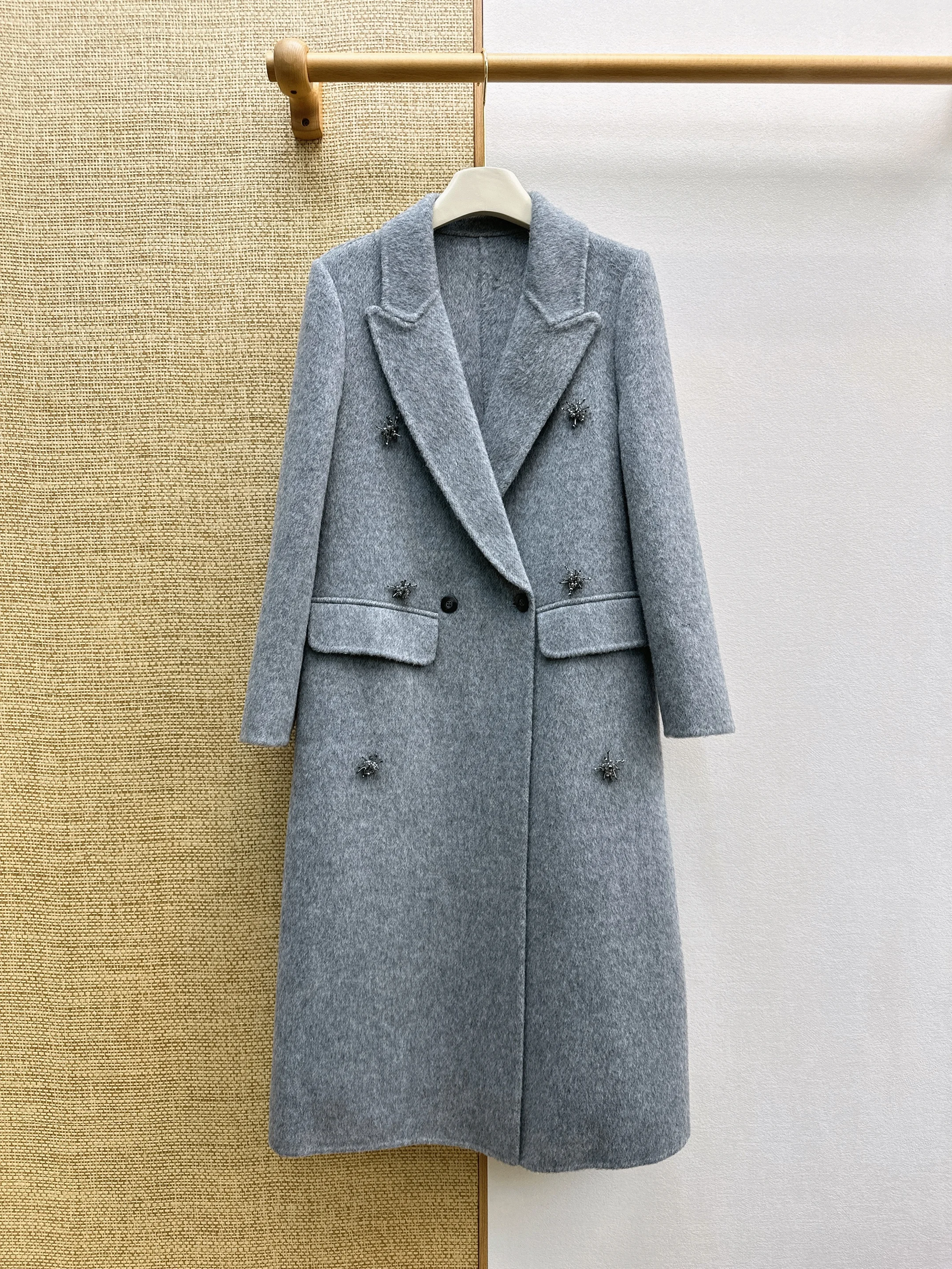 3000Elegant Long Reversible Wool Coat Women, 2026 Autumn Winter, Double‑breasted, Rhinestone Snowflake Decor Buttons, Fashion El