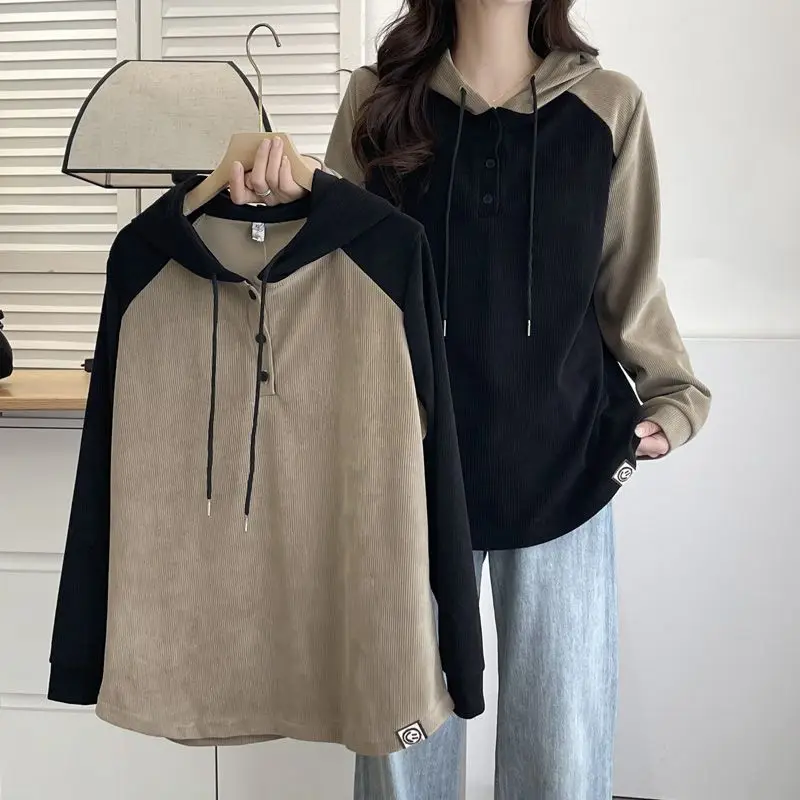 Fall Winter Women Hoodie T Shirt Loose Color Block Slimming Commuter Top Regular Shoulder