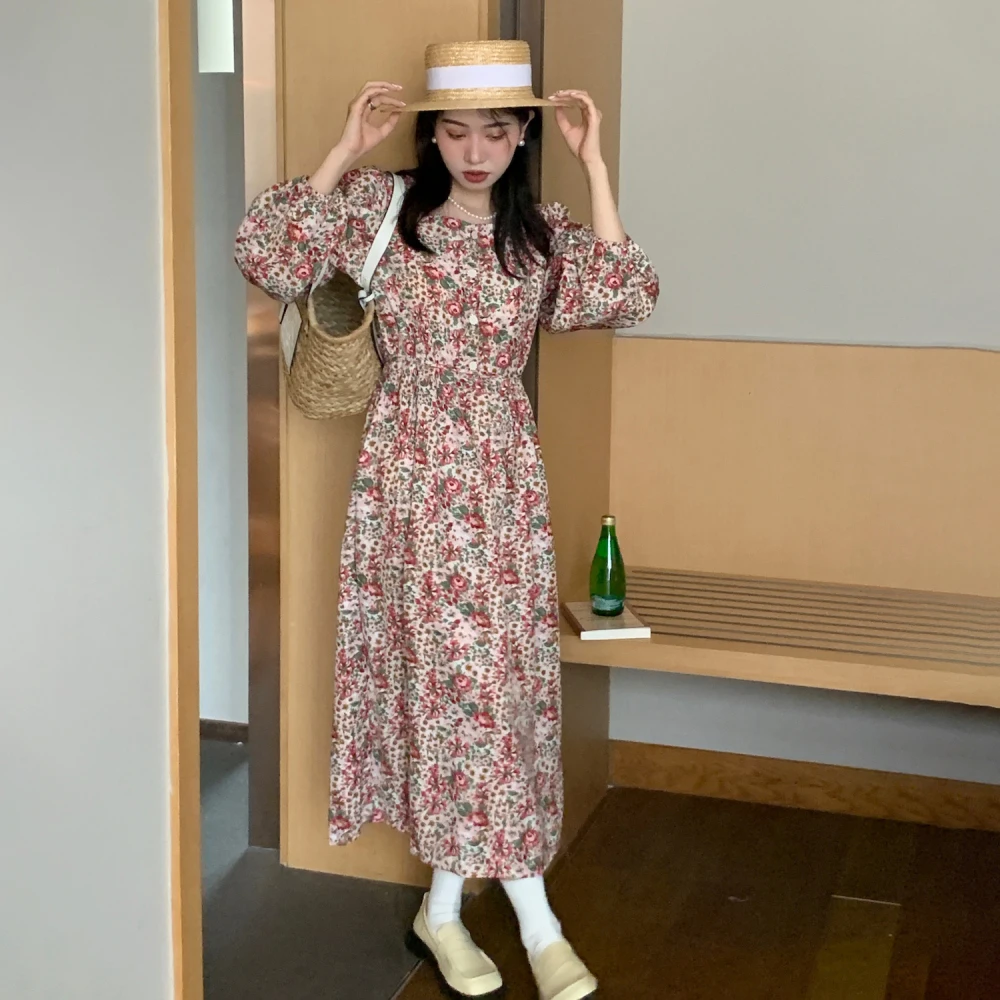 Korea Style Women Spring Long Floral Shirt Dress with Belt 2022 New Female Square Collar Puff Sleeve Midi Dresses