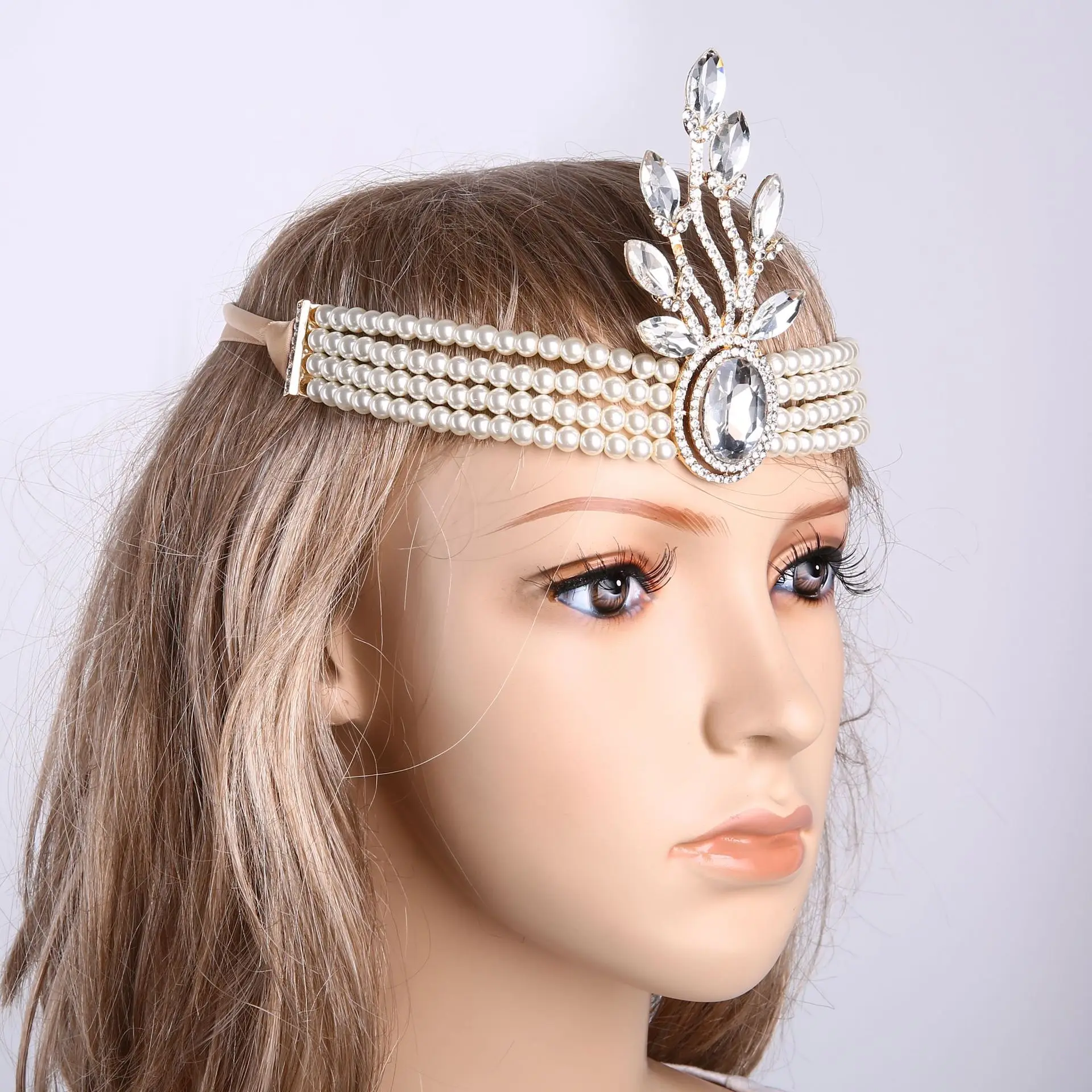 

Gatsby Accessories White Gold Shiny Rhinestone Pearls Chain Vintage Feather Headpiece Carnival Headpiece 1920s Party Headpiece