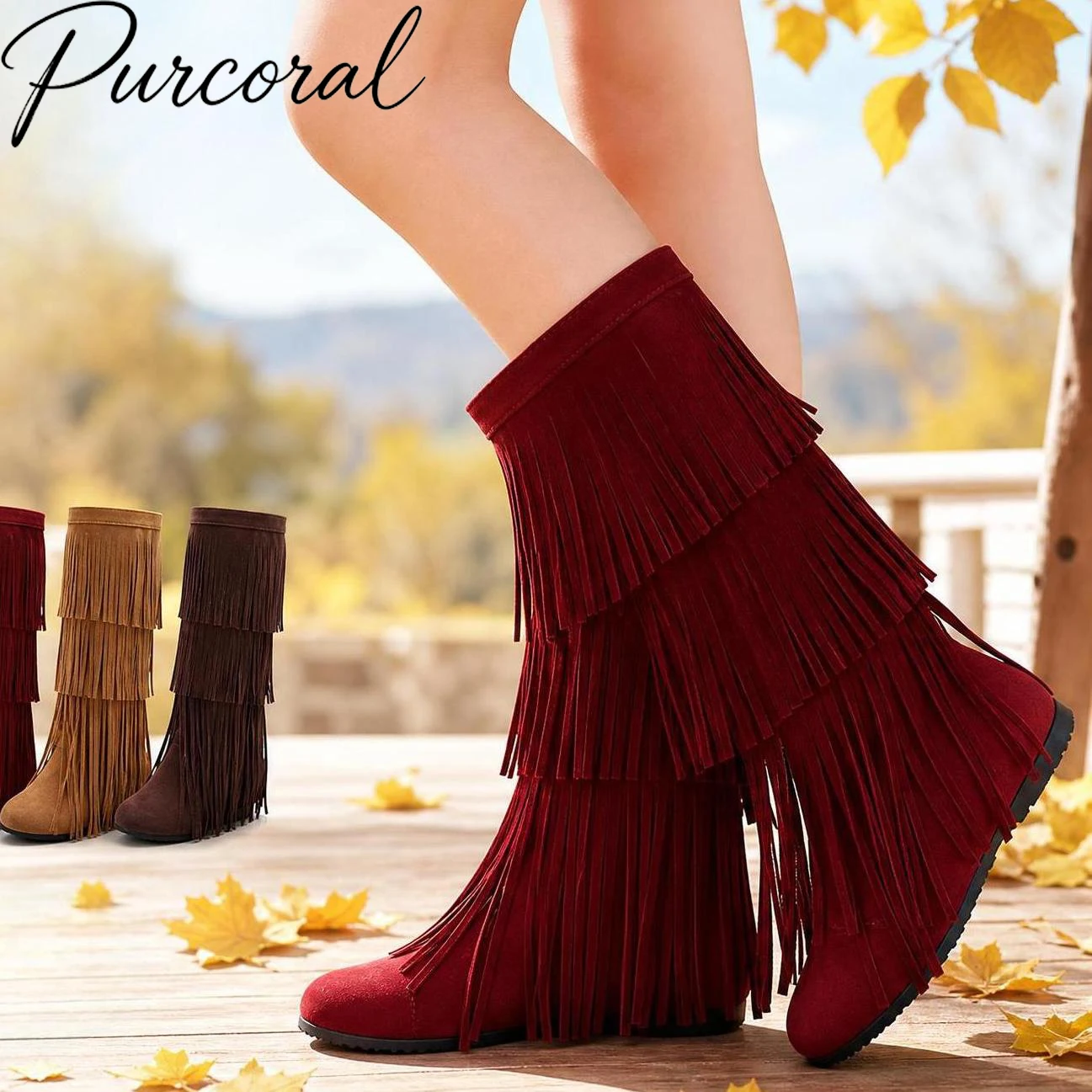 Purcoral 2026 New Women Fringe Western Cowboy Boots Suede Mid Calf Retro Slip On Boots Vintage Party Casual Footwear