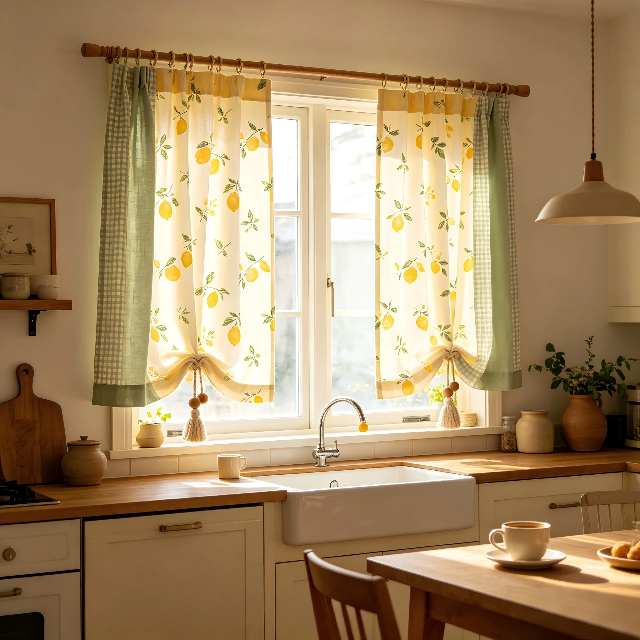 200344  Kitchen Half Wall Window: Cream Yellow Pure Cotton Canvas x Sage Green Yarn, Lemon/Leaf/White Grid Curtains