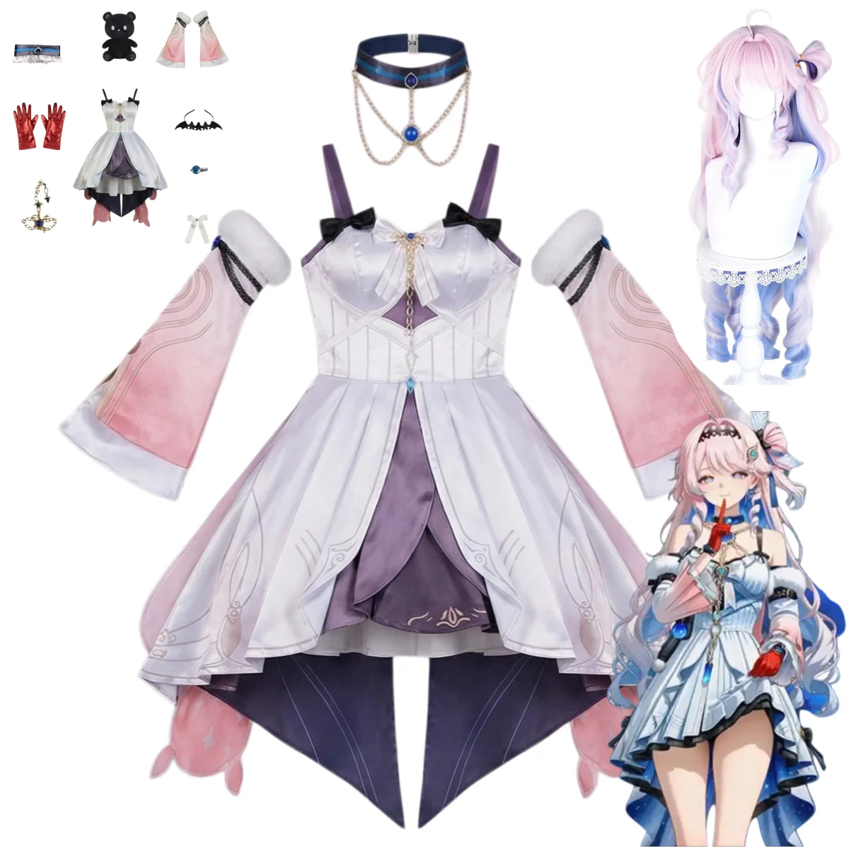 Disfraz de Cosplay de Denia del Juego Wuthering Waves, Vestido Elegante Rosa y Morado, Accesorios, Uniforme de Muñeca, Peluca, Traje Sexy de Mascarada para Mujer