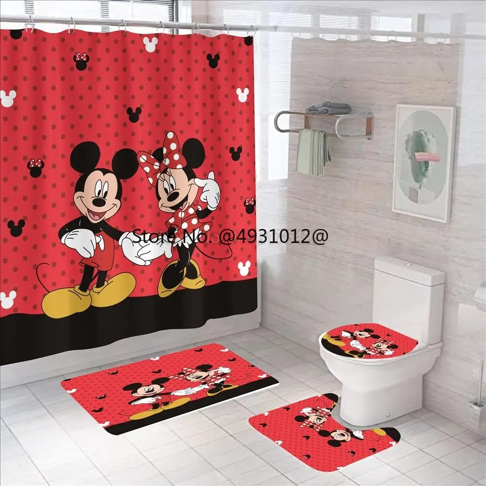 Disney Mickey Minnie Mouse Print Shower Curtain Carpet Cover Toilet Cover Bath Mat Pad Set Bathroom Curtain 12 Hooks Home