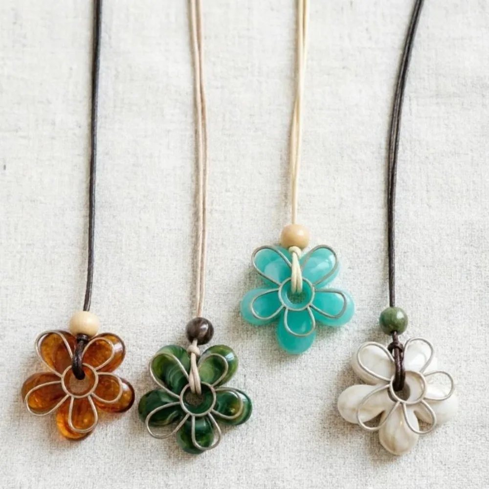 Colorful Resin Flower Necklace Handmade Bohemian Long Pendant Sweater Chain Versatile Creative Design Rope Chain Necklace