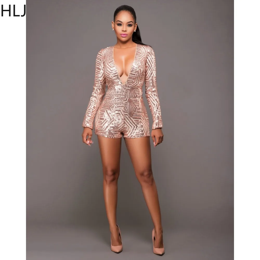 HLJ Sexy Deep V Sequin Party Nightclub Rompers Women Long Sleeve Bodycon Jumpsuits Fashion Female Backless Slim Palysuits 2023