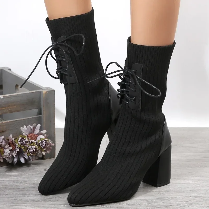 Classics Women's Boots Mid Calf Flock Minimally Casual Pointed Front Lace Up Fly Woven Sock Boot Square Heel Women Shoes Black