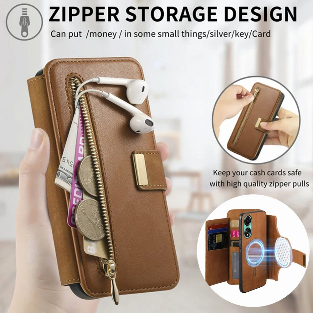 

2In1 Detachable Leather Zipper Wallet RFID Case For OPPO A80 5G Ring Back Cover For OPPO A3 Pro A78 A58 A 80 4G Magnet Funda