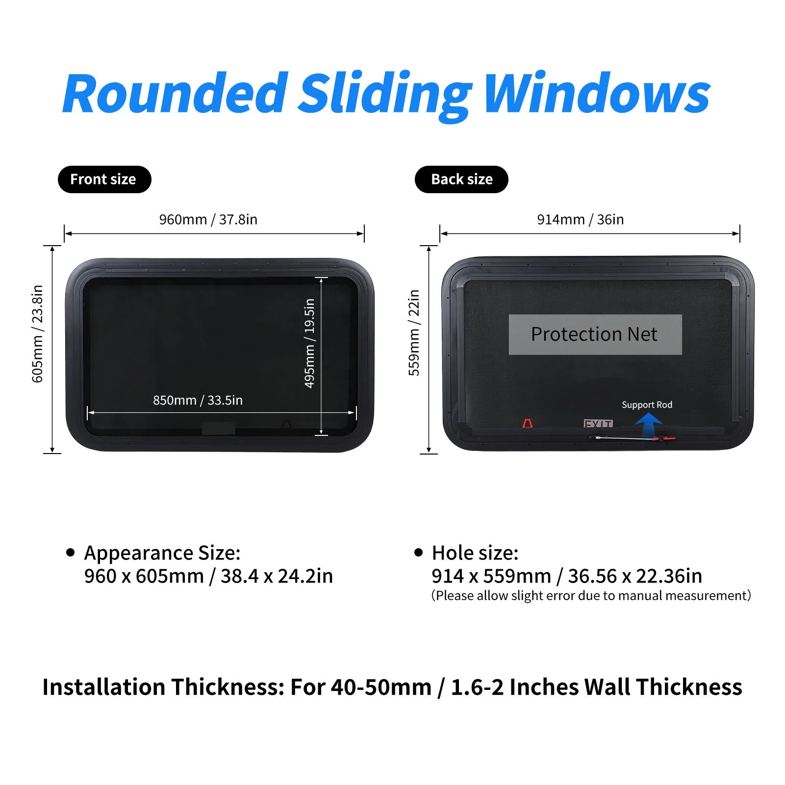 Janela de emergência com suporte e anel de montagem, vidro temperado, janela de saída, trailer campista, 914x559mm