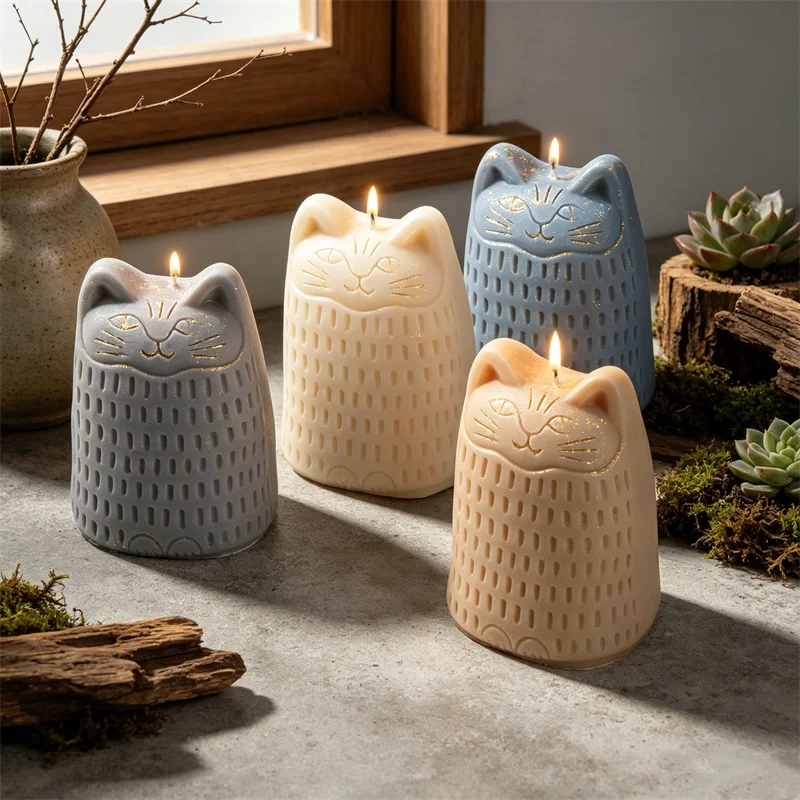 Cute Japanese Garden Pastoral Style Calico Cat Figurine Casting Abstract Cat Smiling Art Modern Cat Themed Candle Mold Silicone