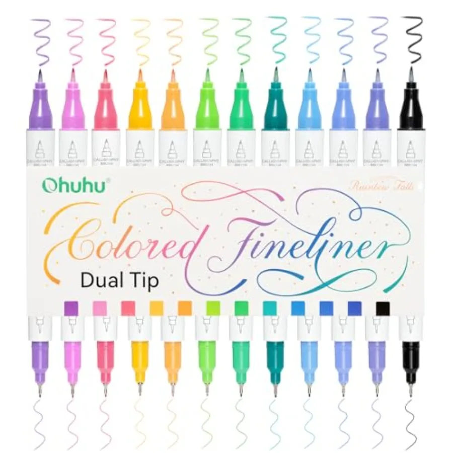 Ohuhu-pincel Fineliner de doble punta, bolígrafos de dibujo de colores, 12 colores, resistente al agua, a prueba de Alcohol, microbolígrafos para adultos, artistas, Beg