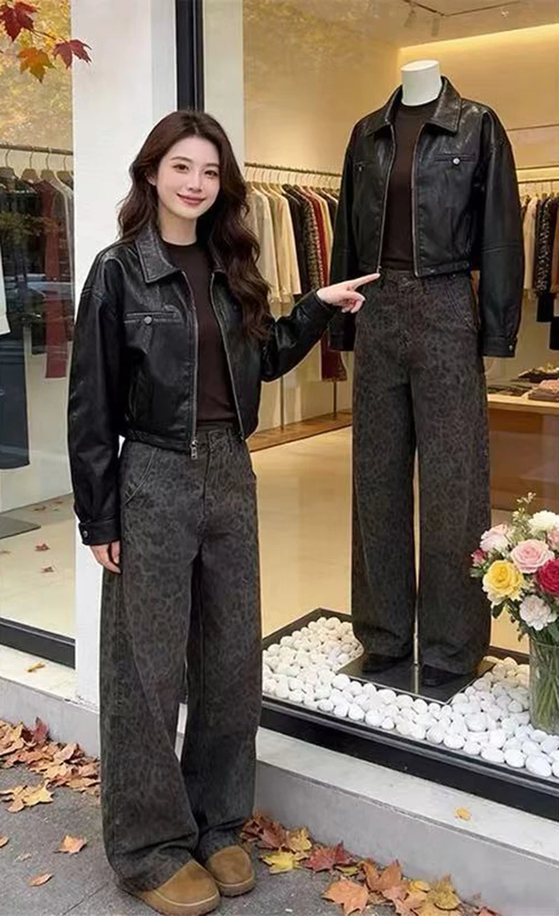 Chic Black Women Pu Leather Jacket Cropped Zip Up Lapel Collar Moto Y2K Streetwear Biker Faux Outerwear Top