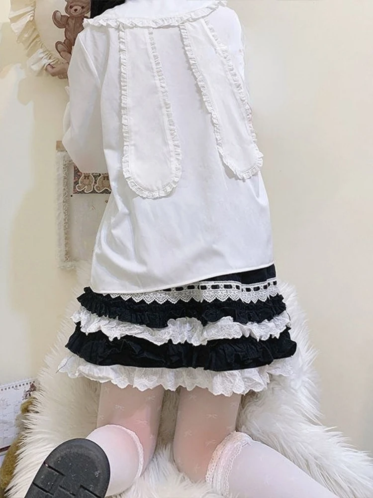 Sweet White Lolita Style Blouses Women Kawaii Rabbit Ears Peter Pan Collar Shirts Girly Victorian Cute Ruffles Long Sleeve Tops