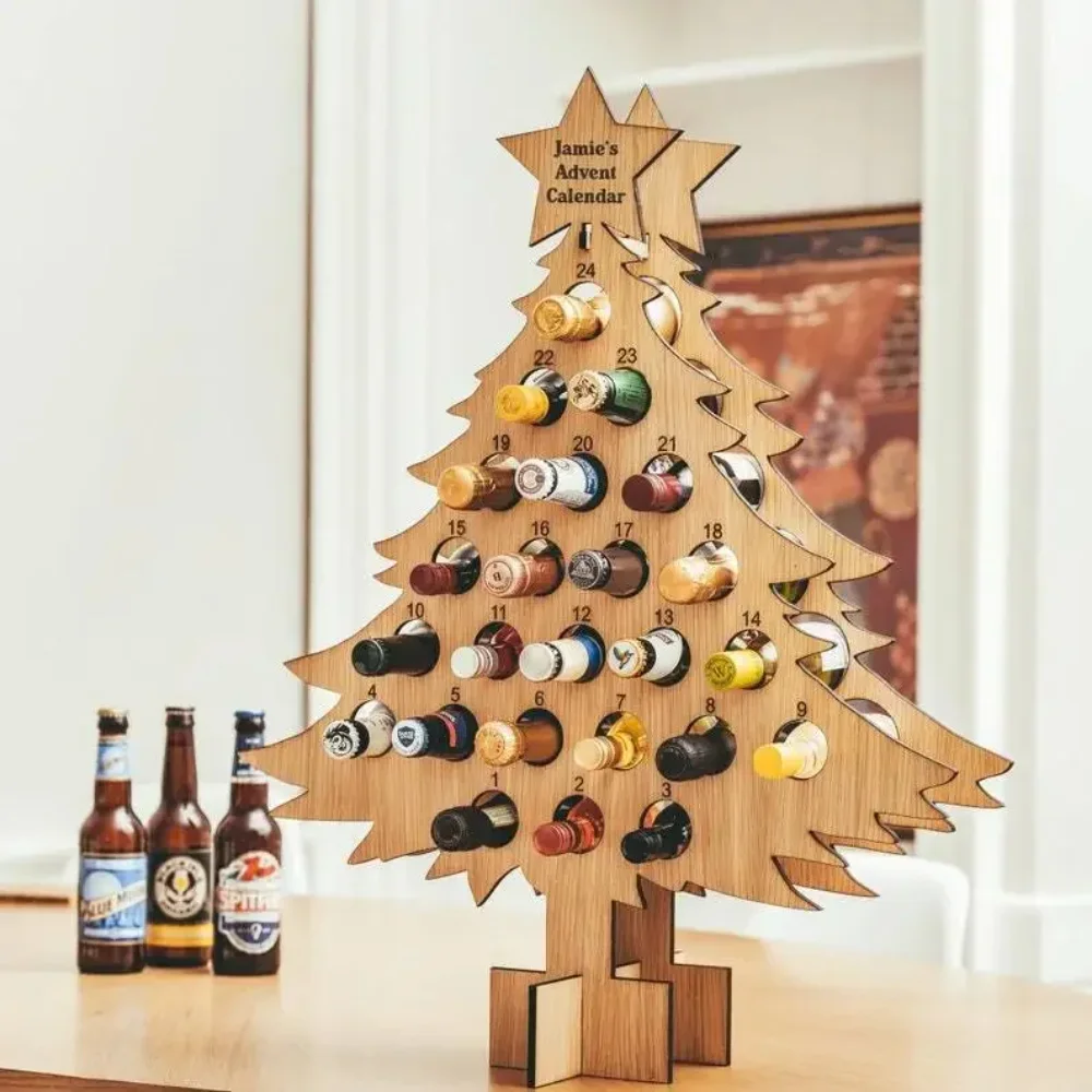 Weihnachts-Weinregal aus Holz, 12 Flaschen, großes Fassungsvermögen, tragbar, lustiger Weinflaschenständer, dekorativer Whisky-Adventskalender