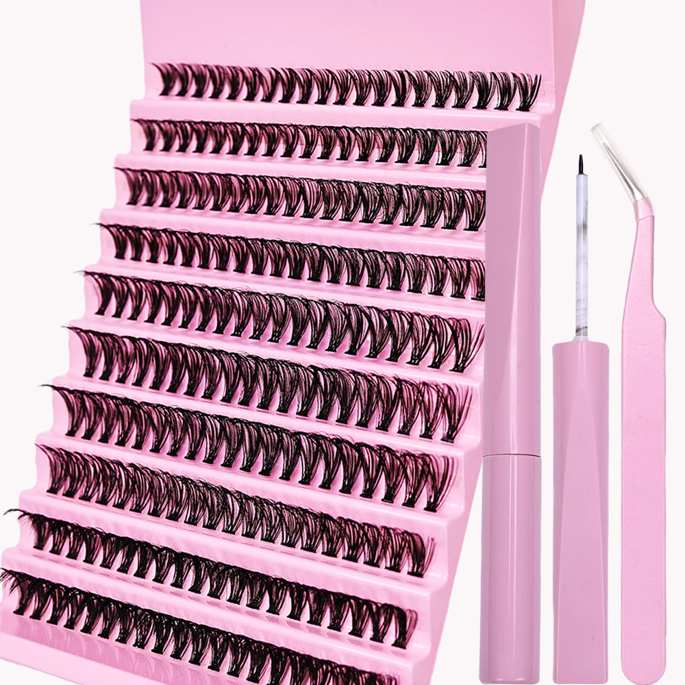 Eyelash Extension Kit 200 Clusters False Lashes DIY Lash Clusters Mix Length and Adhesive and Tweezers