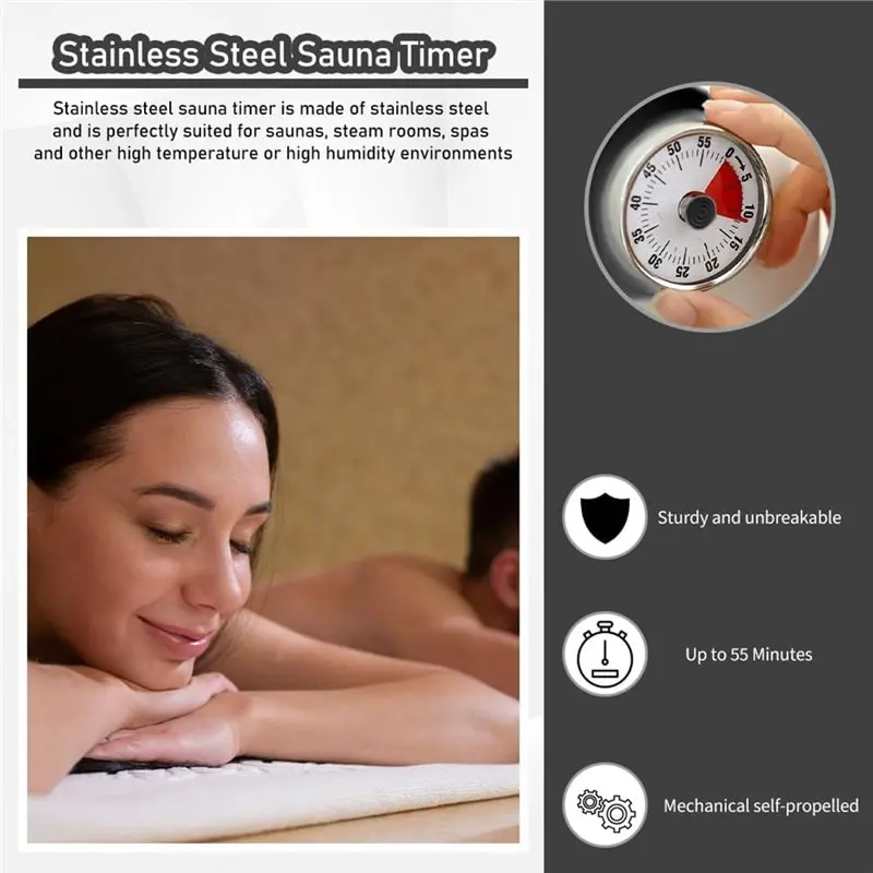 ABUI-기계식 시계 타이머 스테인리스 스틸 사우나 타이머 사우나 룸 및 스파용, 사우나 액세서리, 자가 구동