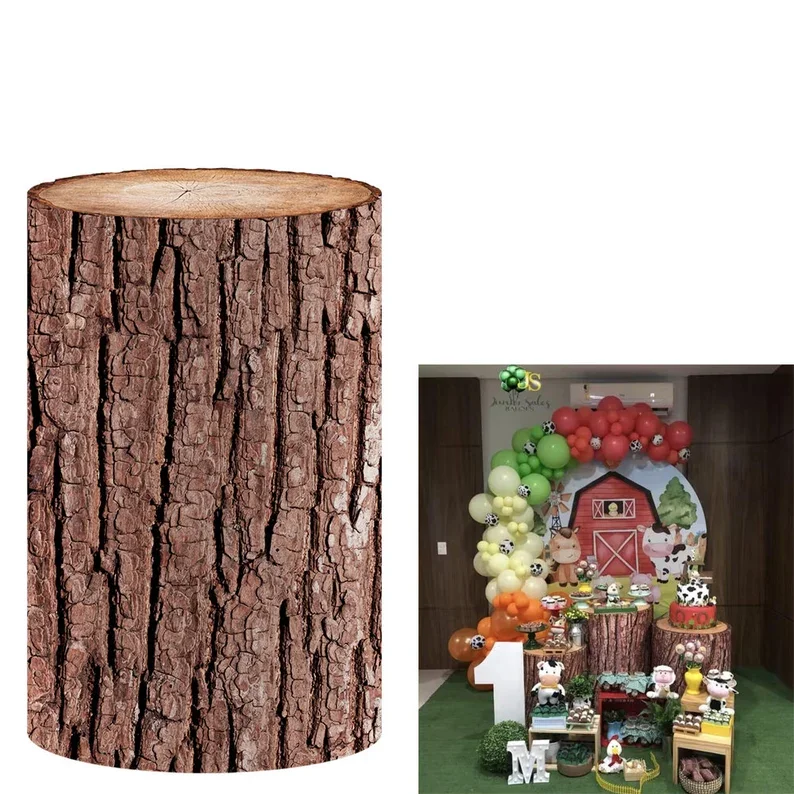 Mehofond Custom Cylinder Cover Backdrop Rustic Wood Texture Birthday Party Plinth Cake Dessert Pedestal Background Decor Elastic