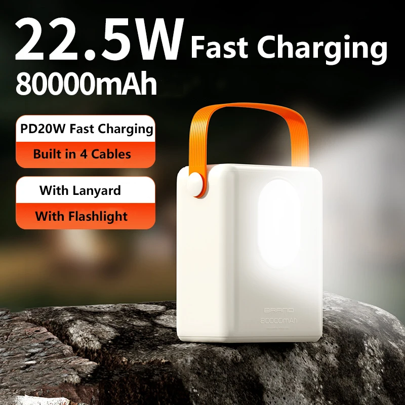 

80000mAh Power Bank Portable Charger PD 22.5W Fast Charging for iPhone 16 Samsung Huawei Xiaomi Powerbank with 4 Cable LED Light