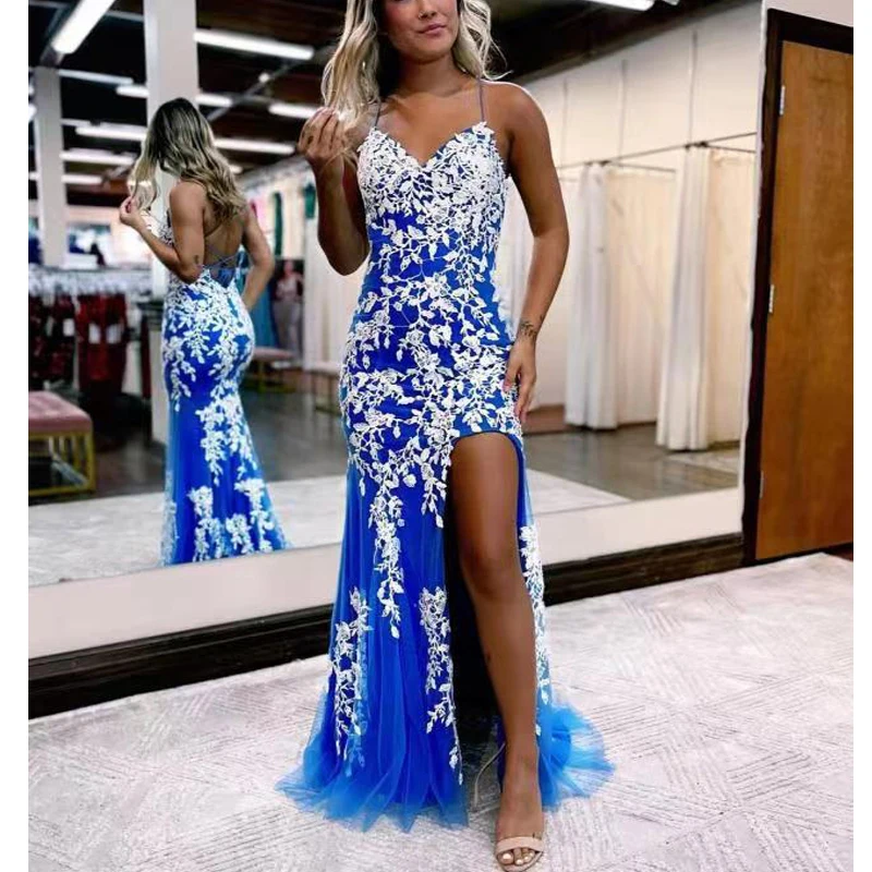 

Royal Blue White Lace Mermaid Long Evening Dresses V-neck High Side Slit Backless Prom Party Gowns