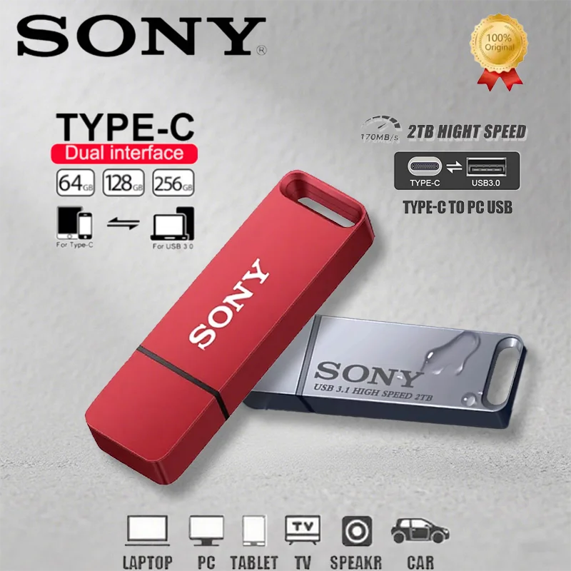 SONY Disco ad alta velocità 2TB Grande capacità 1TB SSD Chiavetta USB 256GB Pendrive impermeabile 3.0 e USB-C per computer cellulare