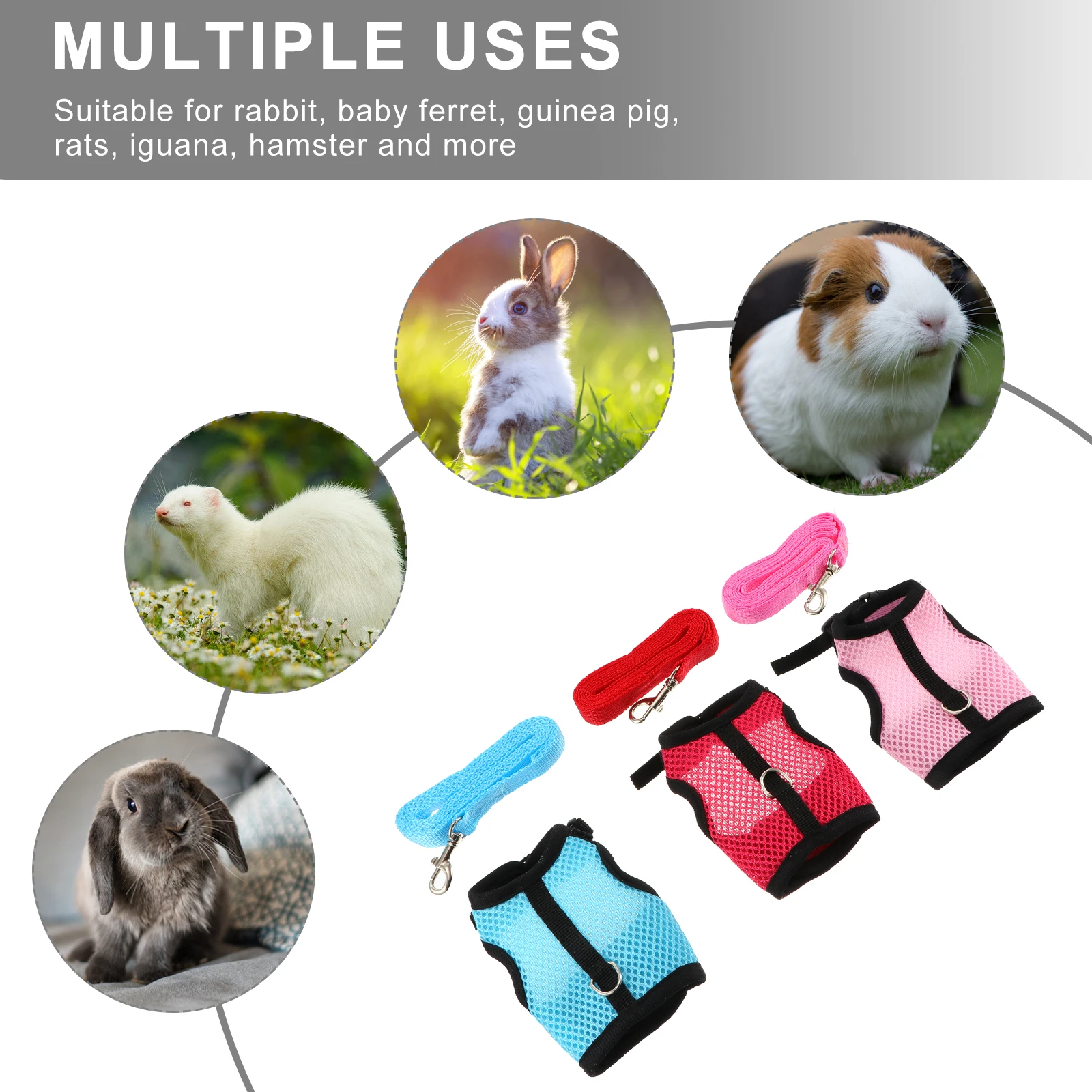 

3pcs Pet Harness Leash Set For Rabbit Bunny Vest Small Animal Mesh Harness For Hamster Guinea Pig Ferret Rats Iguana Outdoor