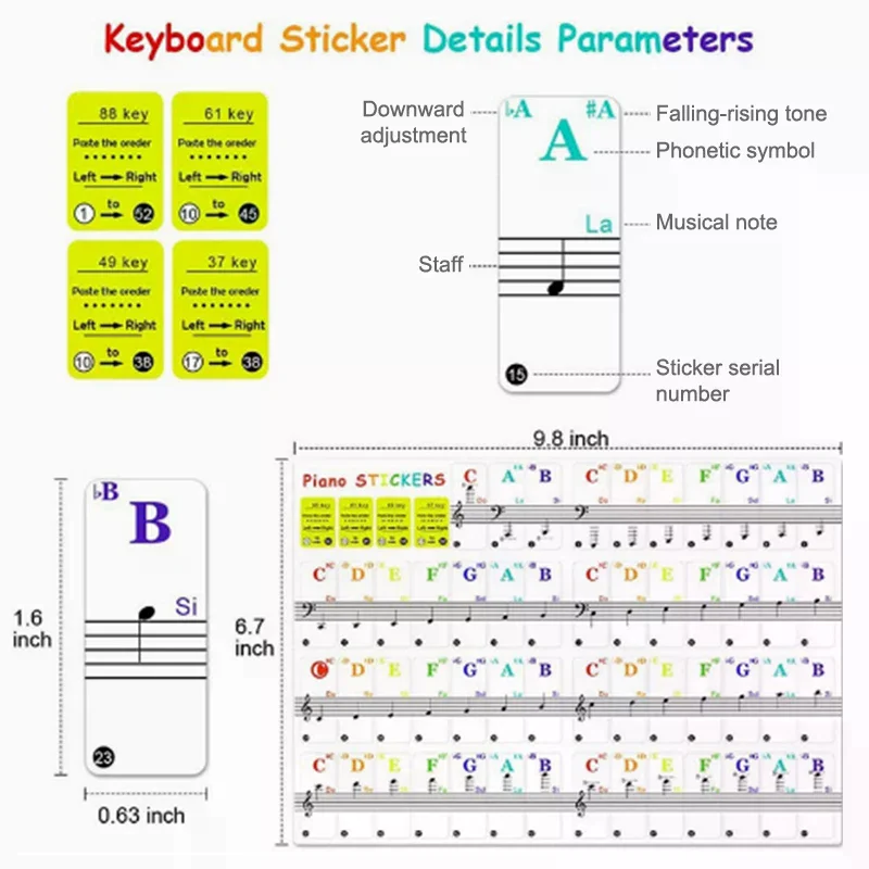 54/61/88 Key Piano Stickers Transparent Piano Keyboard PVC Sticker Piano Stave Electronic Keyboard Name Note Sticker Accessorie