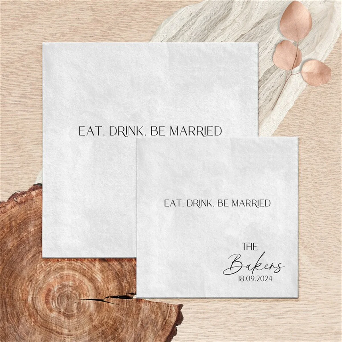 50 PCS Eat Drink Be Married Custom White Cocktail Napkins for Wedding Reception | Personalized Last Name Wedding Napkins | Minim - view 2