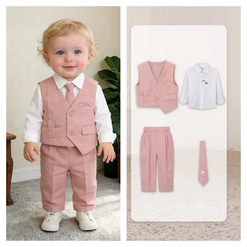 Little Boys Summer Pink Vest Shirt Pants Tie 1Year Birthday Suit Kids British Photography Suit Children Evening Party Dress