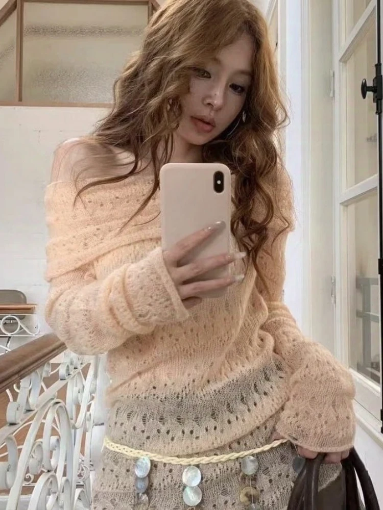 

Harajuku Slash Neck Solid Sweaters Grunge Vintage Women Hollow Out Pullovers Off Shoulder Y2k Aesthetic Sweet Knitted Jumper