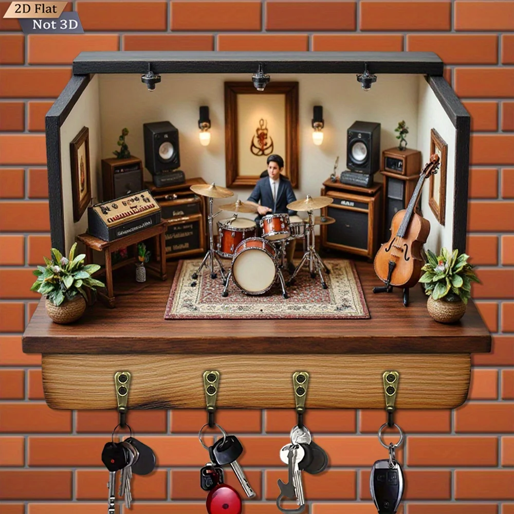 2D flach, 1 Stück, Vintage-Musikstudio-Schlüsselhaken, Mehrzweck-Schlüsselaufhänger aus Holz mit vier Metallhaken, geeignet für die Wand