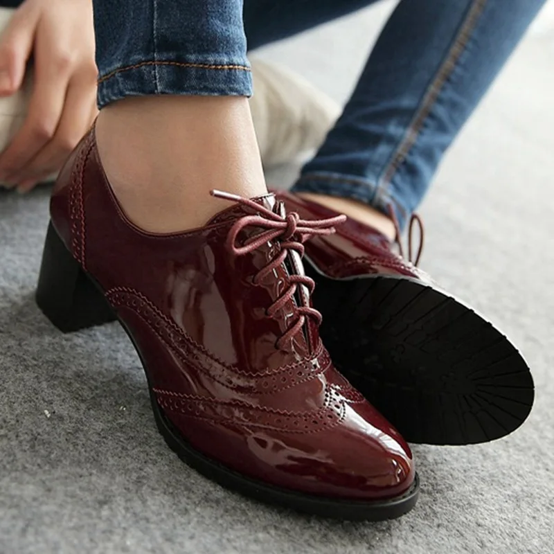 Women\'s Pump Shallow Brogue Shoe Vintage Chunky Heel Cut Out Oxford Shoes Woman Lace Up Female Fashion Elegant Ladies Short Boot