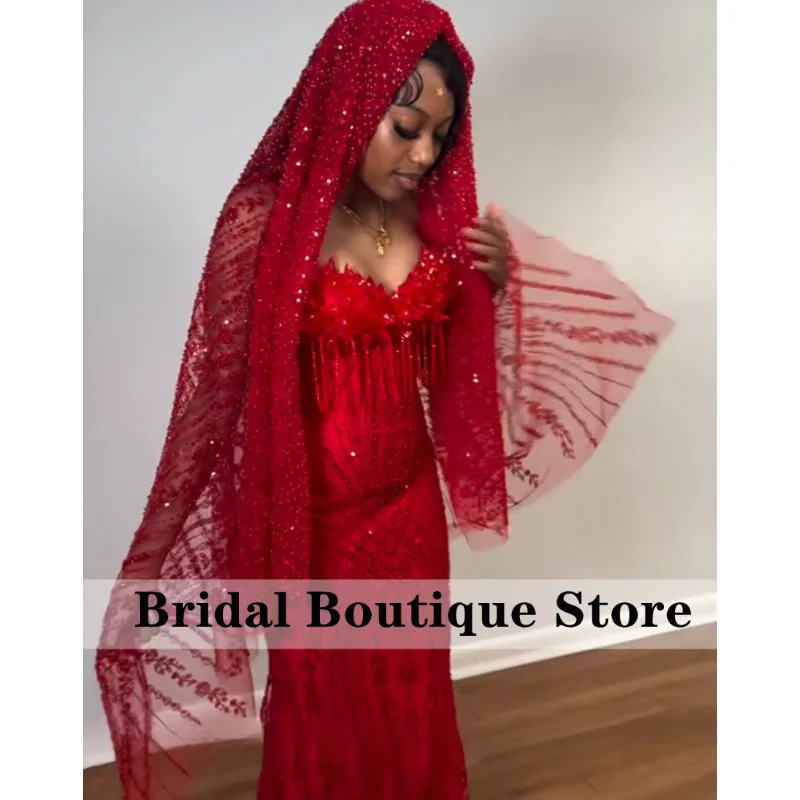 Red Sexy Prom Gowns With Veil 2026 African Crystals Mermaid Beaded Tassel Party Dresses For Women robes de soiré Customized