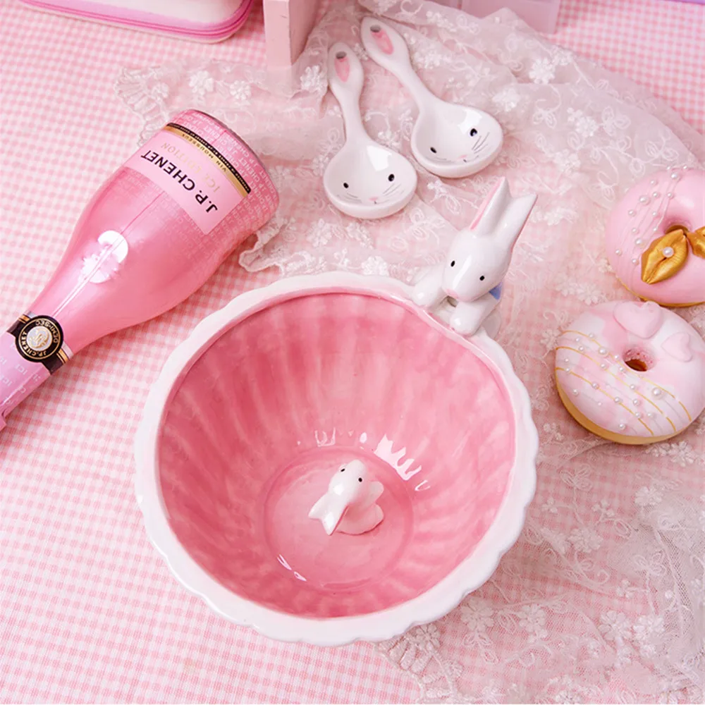 400ML Cartoon Rabbit Salad Bowls Soup Ceramic Bowls Spoon Cute Cereal Fruits Porcelain Bowls For Girls Kids Gift