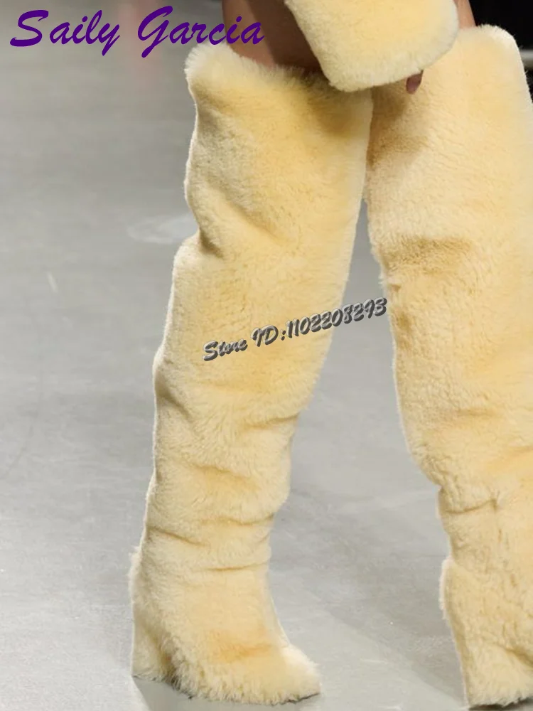 Light Yellow Faux Fur Square Heeled Boots Round Toe Side Zipper  Over-the Knee High Boots 2025 Winter Fashion Warm Women's Shoes